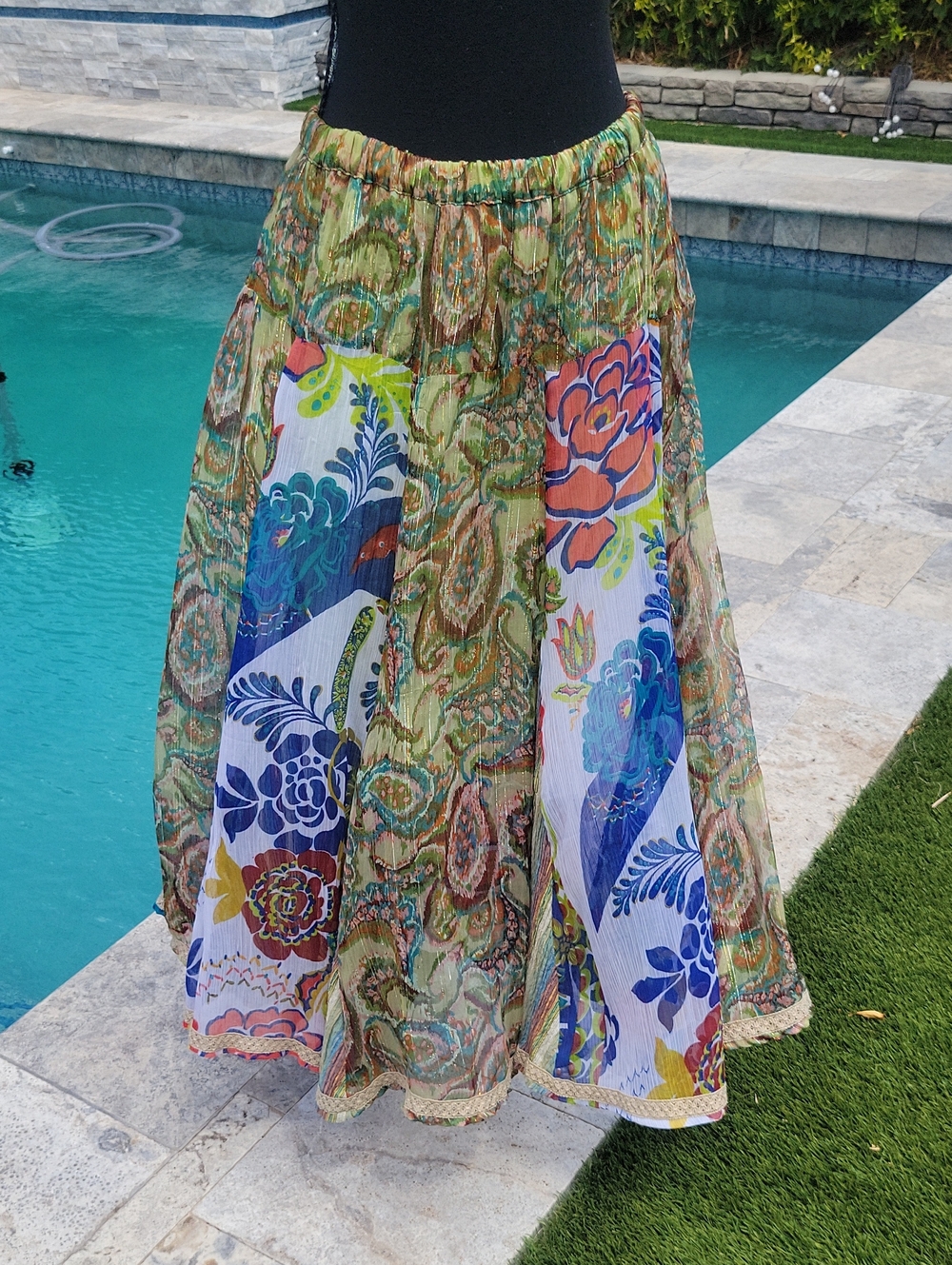 Boho Elastic-Waist Multi-Color Floral Patchwork Maxi Skirt M